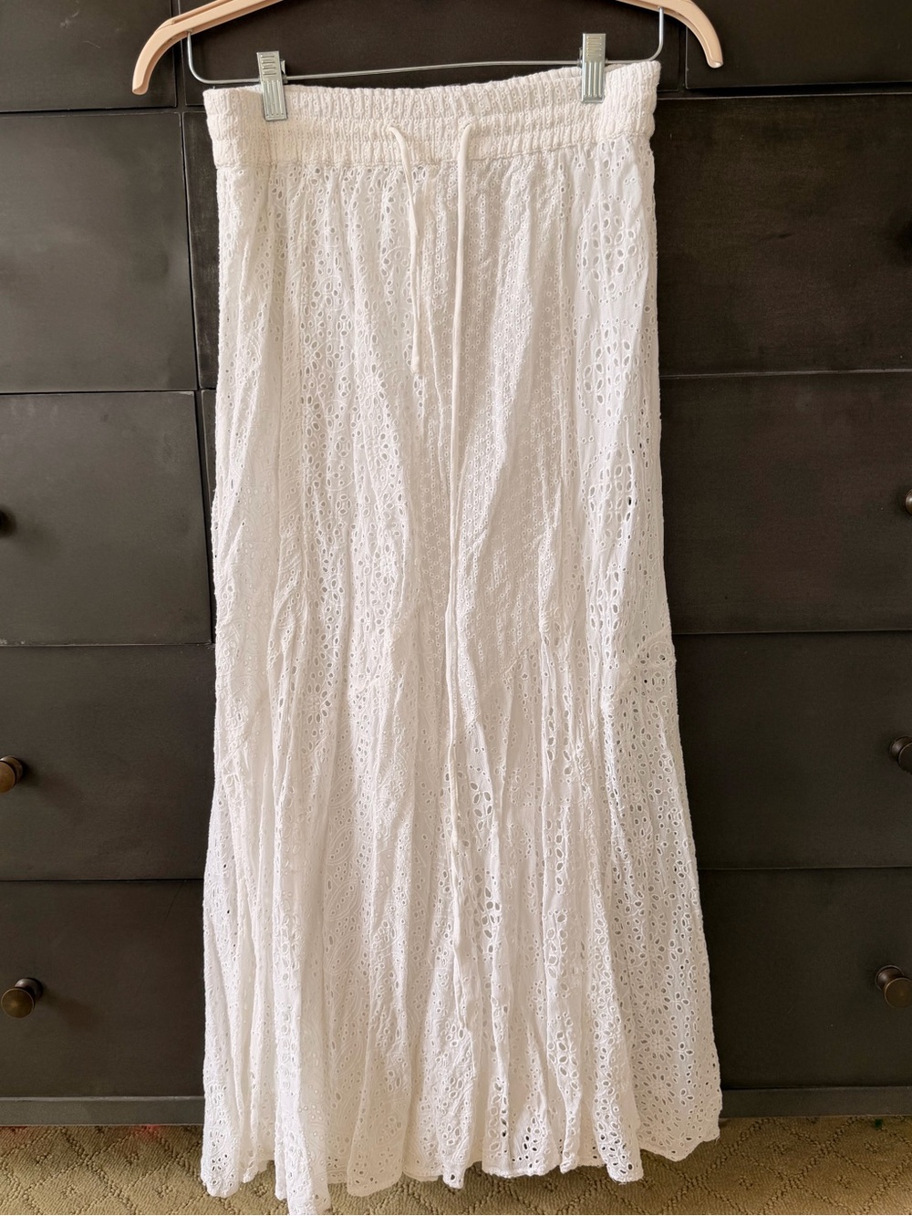Zara White Eyelet Maxi Skirt with Drawstring Waist Small